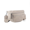 Cream lychee leather crossbody chest bag with geometric ethnic pattern woven strap - Beige