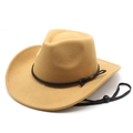 Detail of camel wool cowboy hat featuring a black braided band and adjustable wind strap - M(56-58cm) / Camel