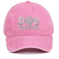 Close-up of pink washed cotton baseball cap with gray Dog Mama embroidery and paw print detail - Pink / One Size