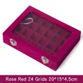 Rose red 24-grid velvet jewelry box with transparent lid and metal buckles 20x15cm - 24 Grids / Rose Red
