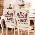 Christmas chair covers in beige linen with red holiday text for festive dining decor - Red Wonderful Time (YTM2-31)