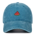 Close-up of a washed blue cotton baseball cap with a detailed watermelon slice embroidery - One Size / Lake Blue