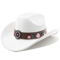 Detail of white western hat with floral embroidered leather band and bronze emblem - M (56-58cm) / Pure White