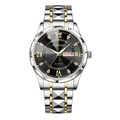 Men's two-tone gold quartz watch with black sunray dial and dual date display windows - Male Style / GD288 Black Dial