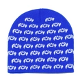 Macro detail of dark blue knit beanie with white jacquard monster pattern texture - M (56-58cm) / Blue