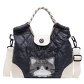 Quilted black tote bag with gray cat embroidery and checkered woven handle detail - Dark Blue