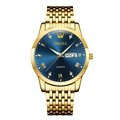 Detail of gold quartz watch with blue dial, luminous markers and day-date display - Full Gold Steel Band Blue Dial