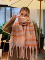 Thick oversized plaid scarf with orange and blue stripes and chunky fringe tassels - Retro Wide Stripe Pink Orange Series
