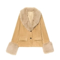 Veste en daim kaki pour femmes avec col en fourrure synthétique et boutons noirs - XS / Jaune Terre