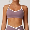Grauviolettes Yoga-BH-Set mit weißem Rand und passender Crossover-Leggings für Damen - S / Taro-Lila
