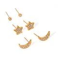 Golden earrings set with pearl and zircon featuring star, moon, and bead designs - Star Moon Bead Gold Stud Set (JDS2312006-Set)