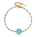 Detail of gold stainless steel bracelet with blue beads and Aquarius zodiac pendant - Stainless Steel / Aquarius-Blue