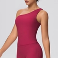 Detail of one-shoulder yoga tank top in deep rose red with high elasticity sports fabric - Carmine (7129)