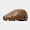 Detail view of brown leather beret hat showing premium texture and metal adjustment buckle - One Size / Khaki
