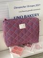 Detailed macro view of quilted red and blue checkered cosmetic bag with a blue zipper and tassel - Handbag (Medium) / Red