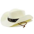 Detail van gevlochten strooien cowboyhoed met leren band en metalen versiering - M (56-58cm) / Crèmewit