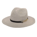 Close-up of grey fedora straw hat featuring black decorative band and gold metal chain - M (56-58cm) / Light Gray