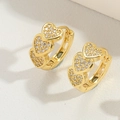Golden triple heart drop earrings with pave set cubic zirconia stones for women - Small Heart Rhinestone Style