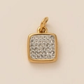Detail of square gold pendant with white enamel and sparkling crystal pavé setting - Square Enamel Rhinestone Pendant / Gold-White Rhinestone