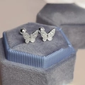 Silver butterfly stud earrings with sparkling cubic zirconia on purple velvet box - Pavé Butterfly Style (A284)
