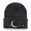 Black knit beanie featuring golden moon and star embroidery for autumn and winter warmth - Adjustable / Black