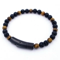 Tiger eye and black volcanic stone beaded bracelet with matte metal clasp connector - Black Lava Stone With Brown Tiger Eye (KB204626-SJ)