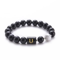 10mm Black Onyx and White Turquoise beaded bracelet with gold letter U charm - Letter U