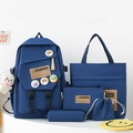 5-piece navy blue nylon school backpack set for students including tote and pencil case - Dark Blue