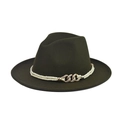 Detail of a dark olive green wool fedora hat with a braided rope and gold chain band - Adult 56-60cm / Army Green With Gold Chain