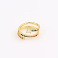 Gold spiral ring with colorful rainbow crystals and a central clear zircon stone - Adjustable Open / Double Layer Rainbow Main Stone Style