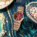 Women's rose gold watch with deep red gradient dial and sparkling diamond accents - Red