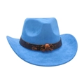 Sky blue felt cowboy hat featuring a skull accessory and themed hatband decoration - Blue
