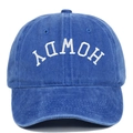 Close-up of Howdy 3D white embroidery on vintage washed cotton denim baseball cap - Adjustable / Sapphire Blue