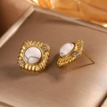 Macro view of gold-plated stud earrings featuring white marble stone and crystal accents - Square Rhinestone / Gold + White Turquoise