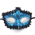 Blue sequined masquerade mask with black lace trim and sparkling silver rhinestones - Sequined Edge Ribbon Style / Blue