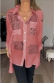 Women long sleeve button shirt in peach orange with black script print and satin finish - S / Tops / Rose Red