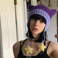 Handmade crochet cat ear beanie in purple with yellow star charms and knit ties - Adult 56-59cm / Purple Patchwork
