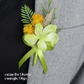 Green lily and yellow dandelion artificial boutonniere pinned on grey suit lapel - Lemon Green