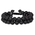 Double-layered men's bracelet with black lava stone beads and adjustable woven cord - Black Lava Stone