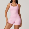 Pink high-stretch racerback yoga top and matching biker shorts for fitness and gym - S / Top And Bottom / Vest + Shorts (8519) / Sakura Pink