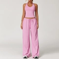 Pink yoga set featuring a halter slim-fit tank top and high-waist drawstring wide-leg pants - Vest+Pants-Rose Pink