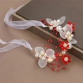 Sweet floral headband featuring red and white artificial flowers with elegant pearls - Pearl Flower Bracelet-Red