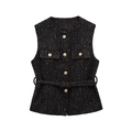 Detail of tweed vest fabric with gold embossed buttons and matching belt accessory - Black
