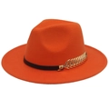 Detail of orange fedora wool hat featuring a golden wheat ear metal buckle accessory - M(56-58cm) / Orange Yellow (Golden Leaf)