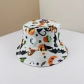 Close-up of Halloween patterns including pumpkins and bats on white canvas bucket hat - M (56-58cm) / White Bat Style