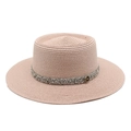 Close-up of pink straw boater hat with sequin band and gold M logo detail - M (56-58cm) / Pink
