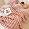 Thick rabbit faux fur blanket in soft lotus pink with stylish ribbed velvet texture - Pink