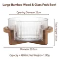 Extra-large glass fruit bowl with vertical stripes and high bamboo wooden cross base - Bamboo Stand Ribbed Salad Bowl (Extra Large)