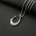 Viking fish hook pendant necklace in silver stainless steel with wave engravings - Silver Color Single Pendant