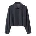 Women's dark grey twill cropped jacket with zip collar and stylish drop shoulder design - S / Tops